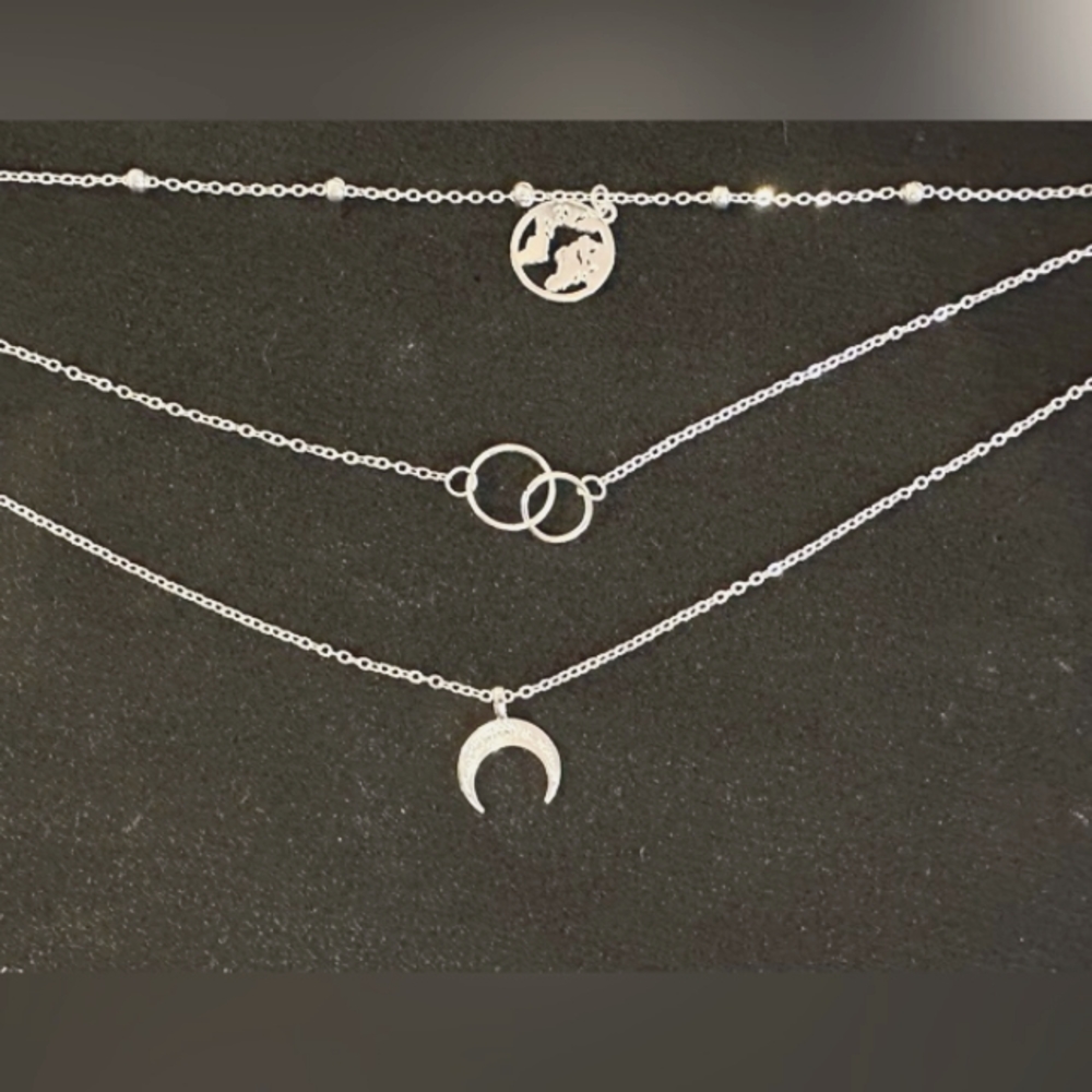 Ellie Sage necklace globe, moon, circles intertwining
